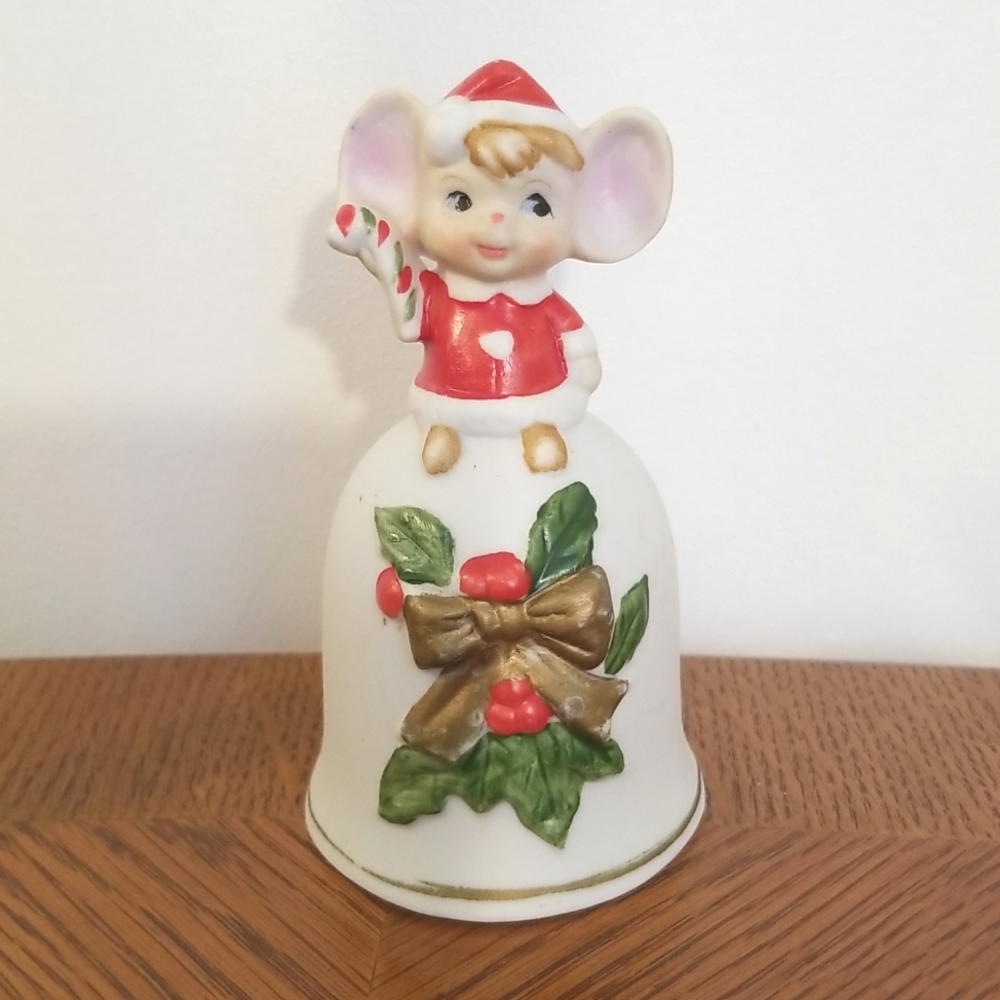 Vintage Christmas Mouse holding candy cane ceramic Bell 4.5"H